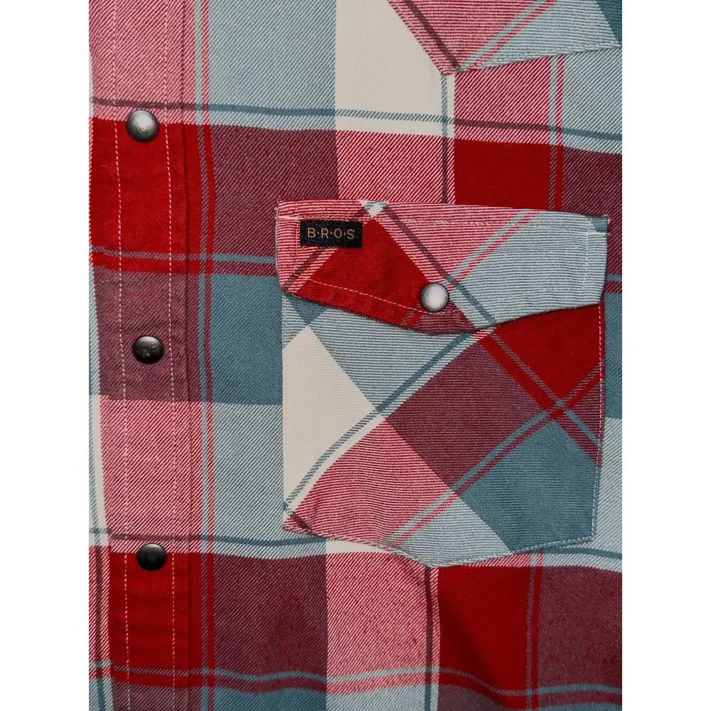 Howler Brothers Mens S Plaid Metal Snap Western Shirt Red Blue Cream